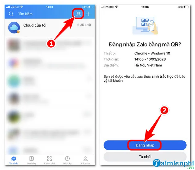 Ứng dụng Zalo Mobile hiển thị thông báo xác nhận đăng nhập sau khi quét mã QR trên máy tính.