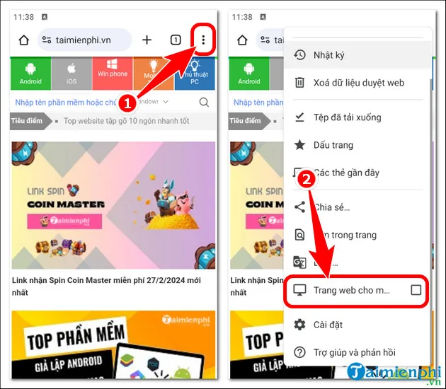 Tùy chọn chuyển sang chế độ Trang web cho máy tính trên trình duyệt di động để đăng nhập Zalo.