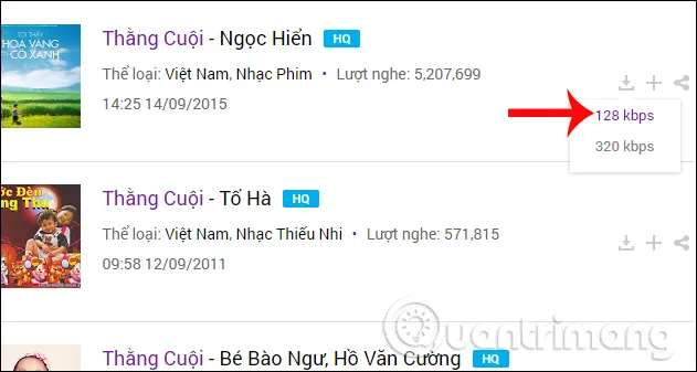Biểu tượng tải nhạc nhanh (download icon) nằm ngay trên danh sách kết quả tìm kiếm