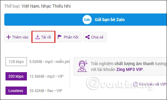 Vị trí nút Tải về (Download) trực tiếp trên trang phát của Zing MP3