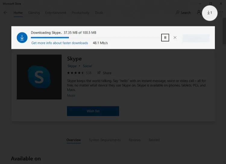 Thanh tiến trình tải xuống ứng dụng Skype cho máy tính