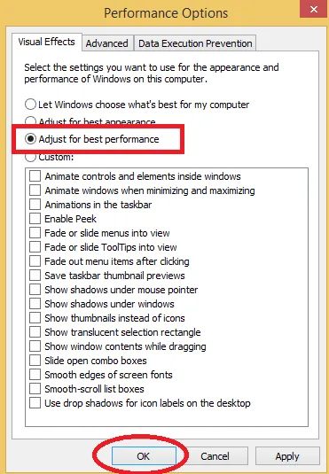 Chọn Adjust for best performance trong Performance Options