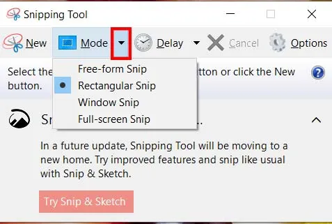 Các tùy chọn chế độ chụp màn hình trong Snipping Tool: Free-form, Rectangular, Window, Full-screen