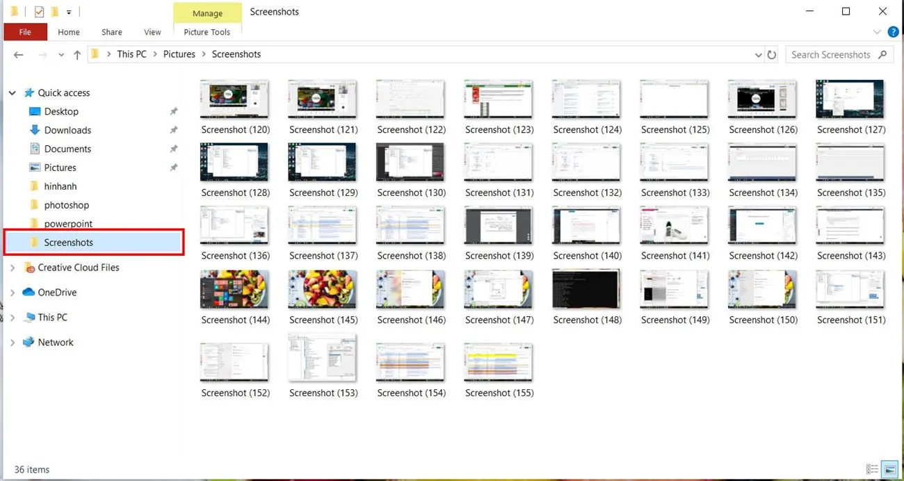 Thư mục Screenshots chứa ảnh chụp màn hình máy tính tự động lưu trong Pictures