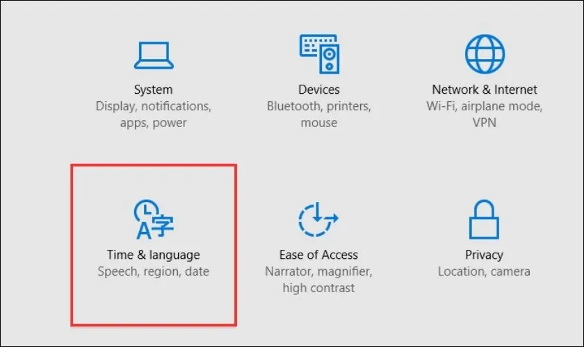 Mở cửa sổ Settings và chọn mục Time &amp; Language để bắt đầu cài đặt tiếng Hàn trên máy tính Windows