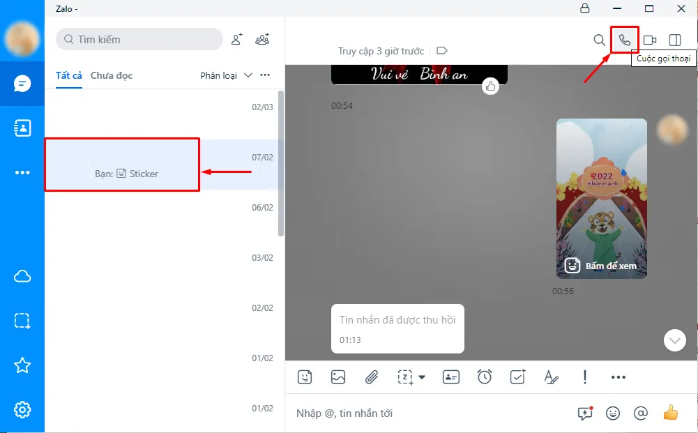 Thao tác click chuột để thực hiện cuộc gọi thoại trên ứng dụng Zalo PC