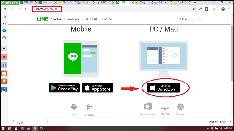 Chọn Tải Line cho Windows để thực hiện cách cài Line trên máy tính