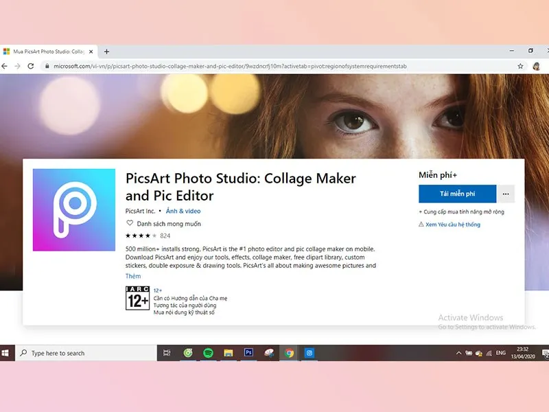 Giao diện trang tải Picsart trên Microsoft Store, chuẩn bị cách tải ứng dụng Picsart trên máy tính