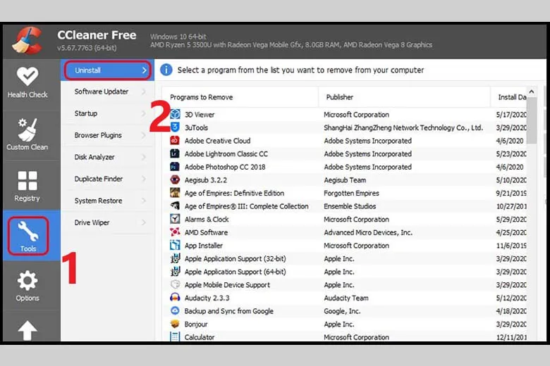 Sử dụng CCleaner, chọn mục Tools và Uninstall để quản lý các ứng dụng trên máy tính