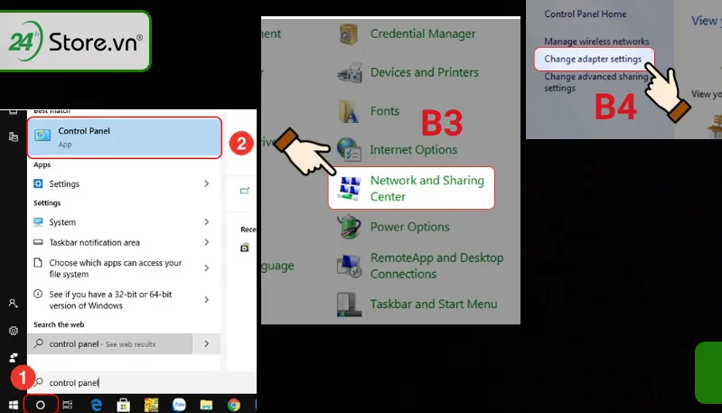 Chọn mục Network and sharing center