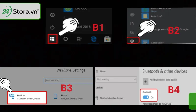Chọn mục setting rồi vào device và bật Bluetooth lên