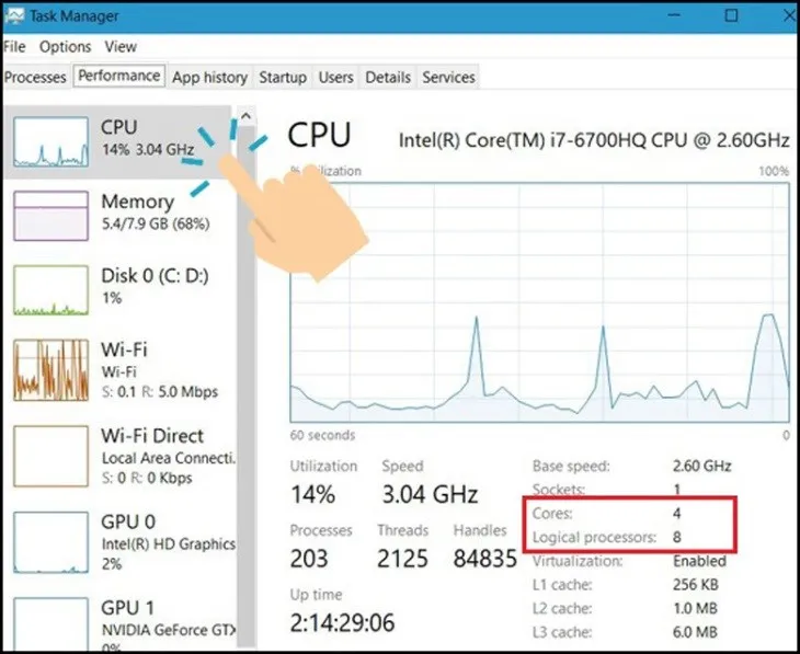 Xem thông số và tốc độ CPU trong Task Manager
