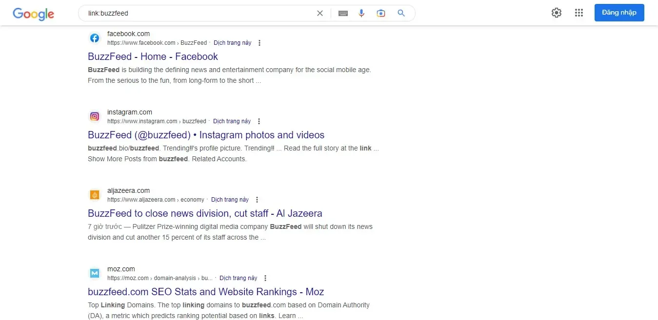 Tìm kiếm các liên kết thông qua 1 trang “link:buzzfeed”