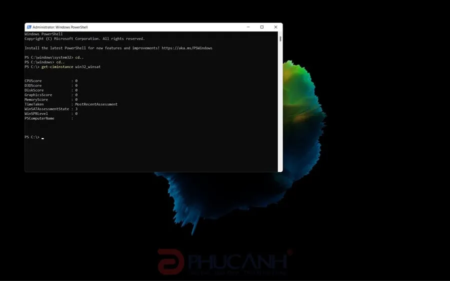 Kết quả điểm số hiệu năng máy tính hiển thị chi tiết trong cửa sổ Powershell