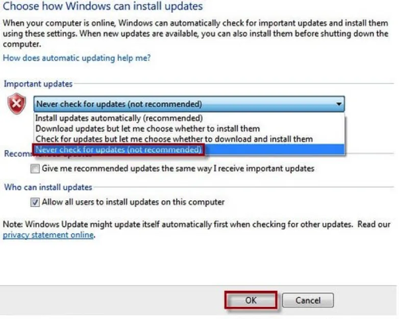Thiết lập Never check for updates và bỏ tích các mục phụ trong cài đặt Windows Update Win 7