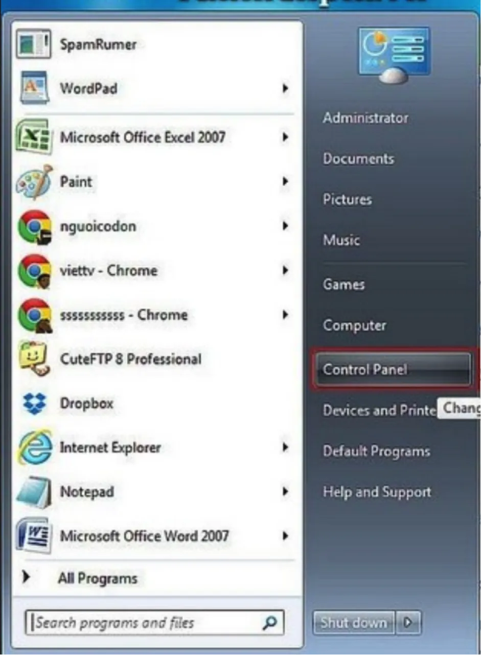 Màn hình Start Menu và lựa chọn Control Panel để truy cập cài đặt hệ thống trên Win 7