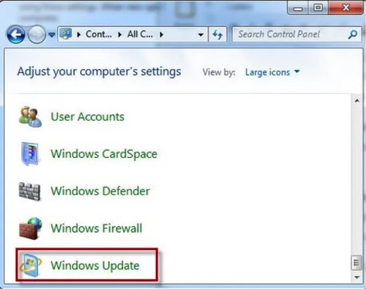 Giao diện Control Panel và tùy chọn Windows Update để quản lý các bản vá lỗi và cập nhật