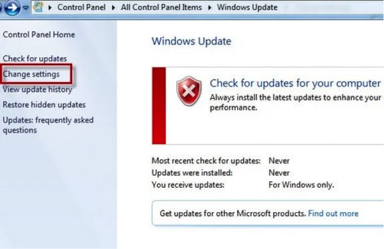 Hộp thoại Windows Update với tùy chọn Change settings để điều chỉnh chế độ cập nhật tự động