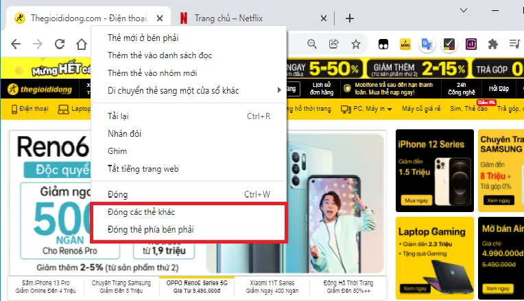 Tùy chọn đóng nhiều tab cùng một lúc bằng menu chuột phải