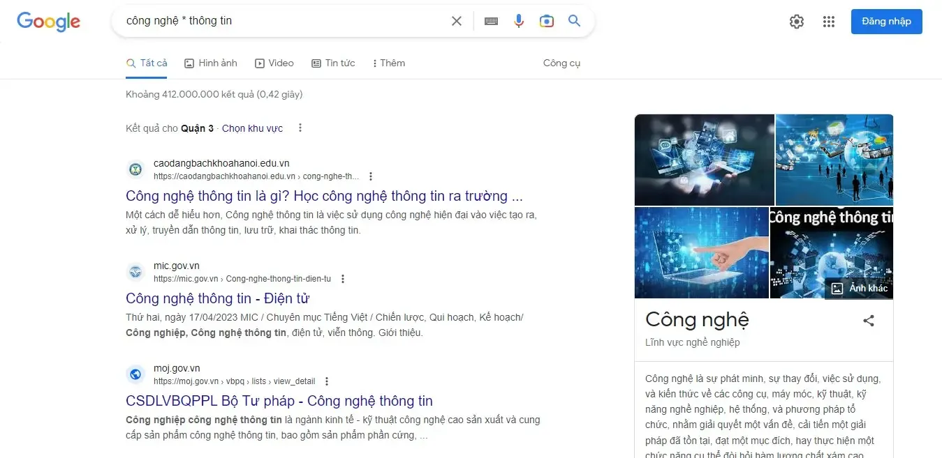 Sử dụng ký tự () để tìm kiếm đa dạng từ khóa “công nghệ  thông tin”