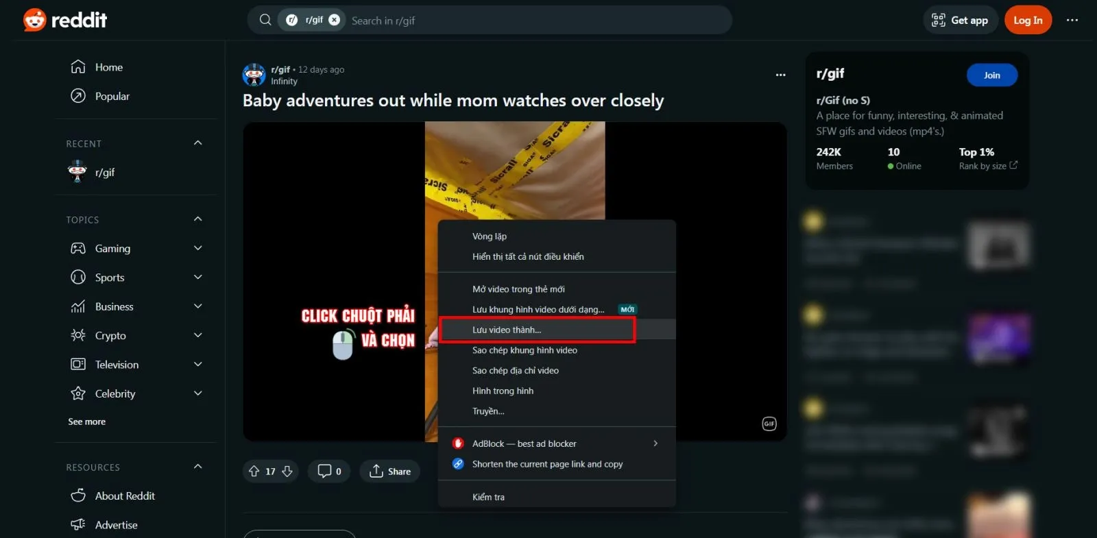 Tùy chọn Lưu ảnh hoặc Lưu video khi tải GIF từ Reddit