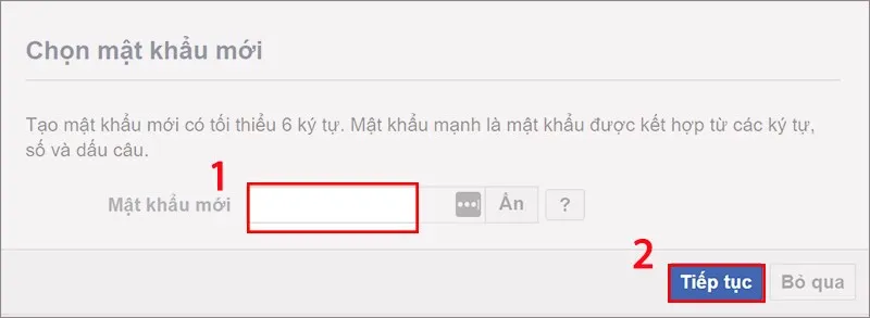 Thiết lập mật khẩu mới trong quá trình khôi phục tài khoản Facebook trên máy tính