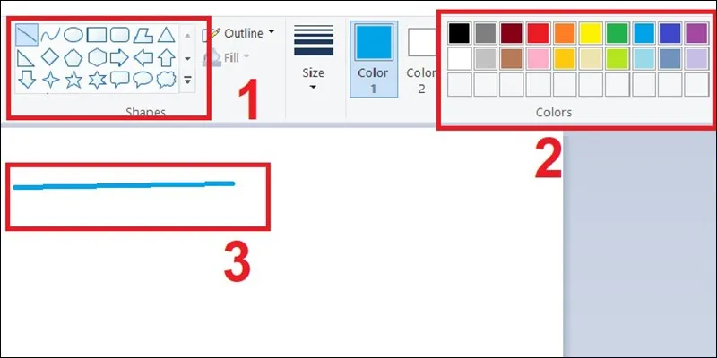 Hình ảnh minh họa cách sử dụng công cụ đường thẳng hoặc đường cong trong Paint để tạo hình khối