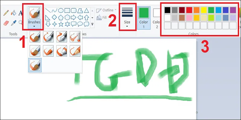 Hình ảnh minh họa giao diện và các tùy chọn cọ vẽ (Brushes) trong phần mềm Paint, cho thấy khả năng vẽ nét đa dạng