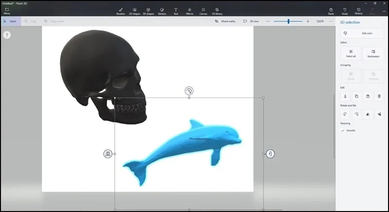 Hình ảnh minh họa giao diện làm việc với Microsoft Paint 3D, cho thấy khả năng tích hợp công cụ 2D và 3D