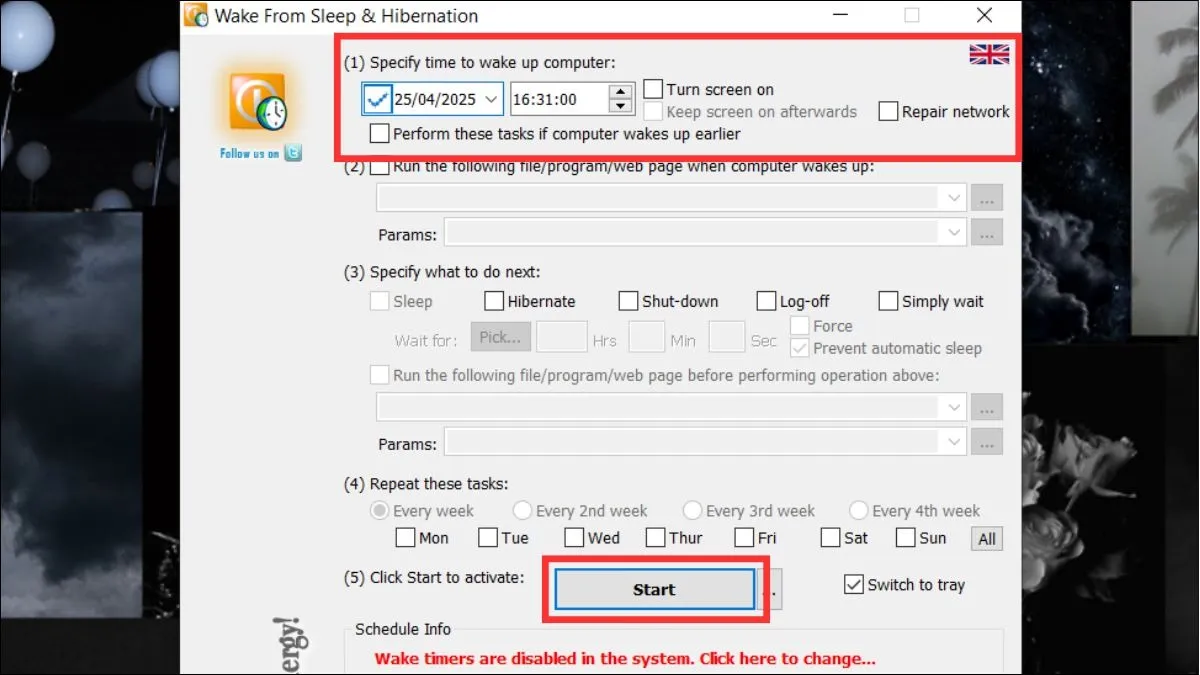 Thiết lập lịch trình cụ thể (ngày và giờ) trong giao diện phần mềm WakeUpOnStandBy.