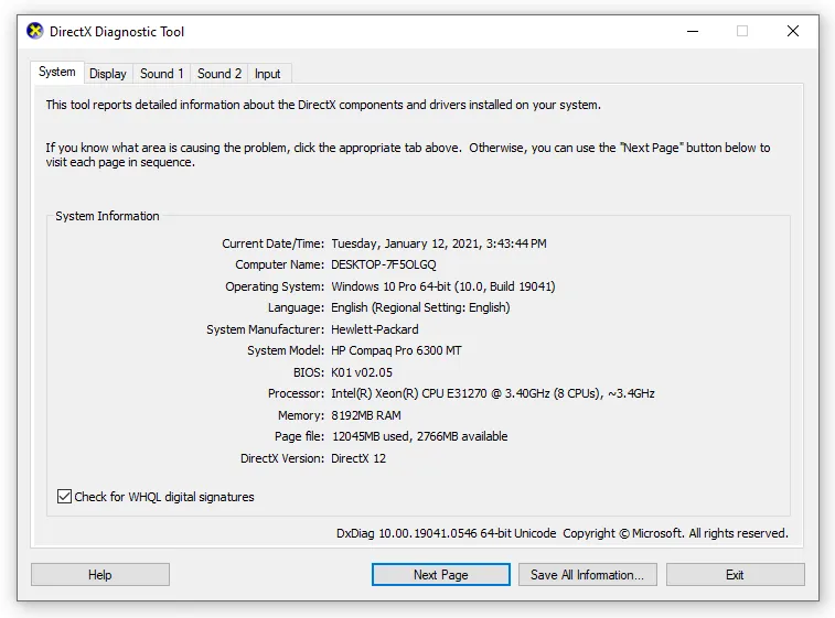 Thông số cấu hình cơ bản hiển thị trong tab System của DirectX Diagnostic Tool
