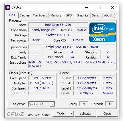 Giao diện phần mềm CPU-Z hiển thị thông số chi tiết CPU và Caches trên Windows 7