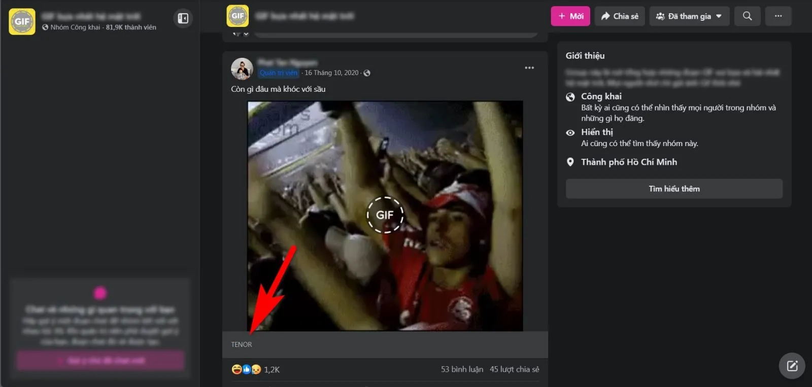 Vị trí liên kết nguồn gốc của ảnh GIF trên giao diện Facebook máy tính