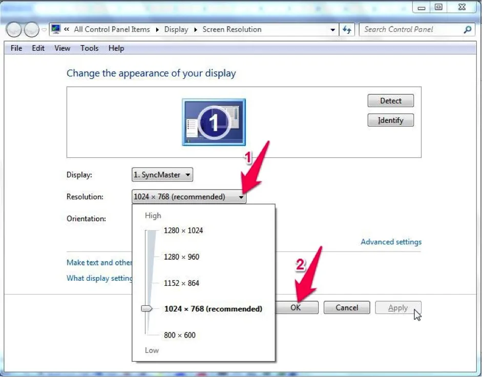 Cửa sổ Resolution Settings hiển thị các tùy chọn độ phân giải màn hình