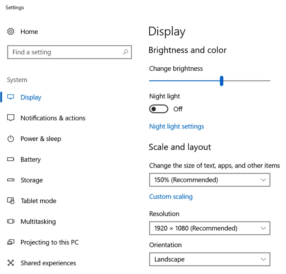 Thiết lập độ phân giải và tỉ lệ scaling trong Display settings Windows 10