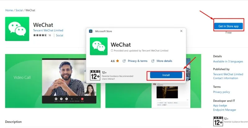 Nhấn nút Cài đặt (Install) để bắt đầu quá trình tải và cài đặt ứng dụng WeChat trên máy tính