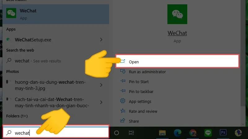 Mở ứng dụng Wechat từ thanh công cụ hoặc menu Start sau khi quá trình cài đặt hoàn tất
