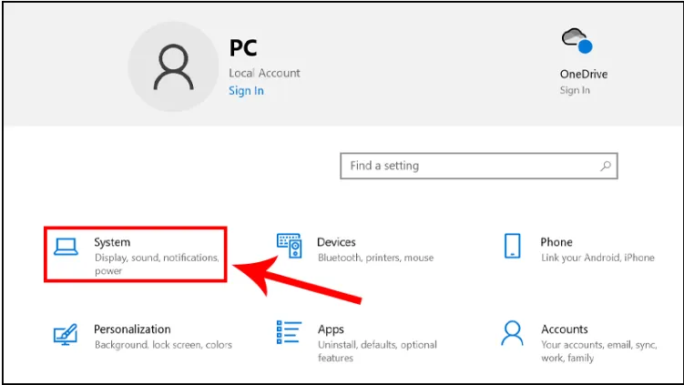 Bước 2, chọn mục System trong cửa sổ Setting của Windows