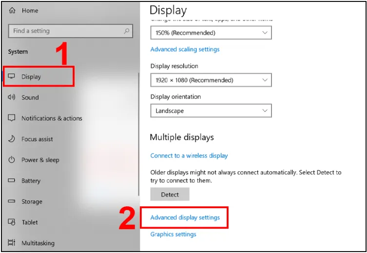 Bước 3, chọn Display và tiếp tục chọn Advanced display settings