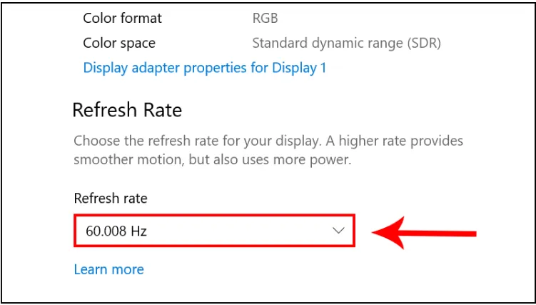 Bước 4, điều chỉnh Refresh Rate về 60Hz hoặc tần số gốc của màn hình