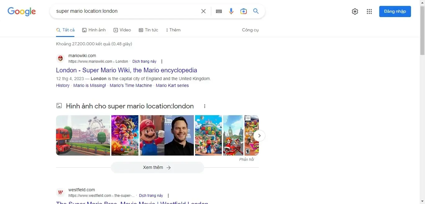 Dùng cú pháp “Location” để tìm tin tức trong một vị trí cụ thể “super mario location:london”
