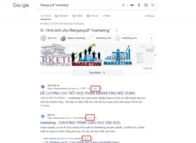 Cách tìm kiếm hiệu quả với Google khi tìm file tài liệu cụ thể filetype:pdf “marketing”