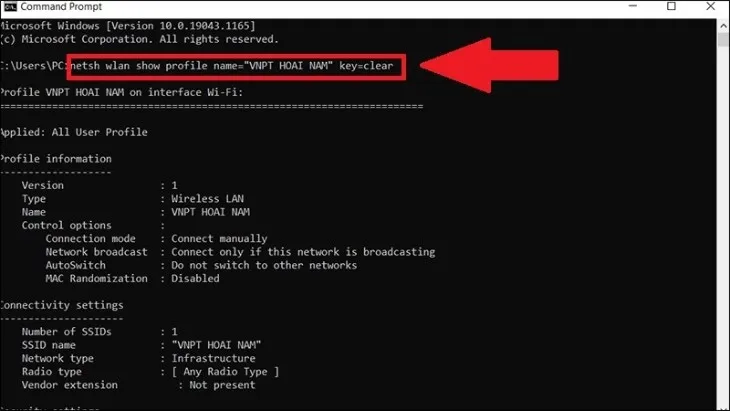 Bạn tìm Wifi muốn xem mật khẩu, sau đó nhập câu lệnh mới