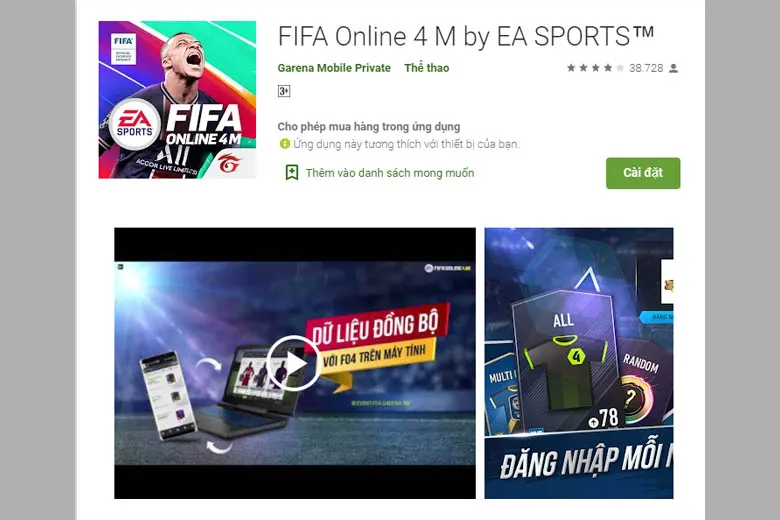 Giao diện tìm kiếm FIFA Online 4 trên kho ứng dụng di động