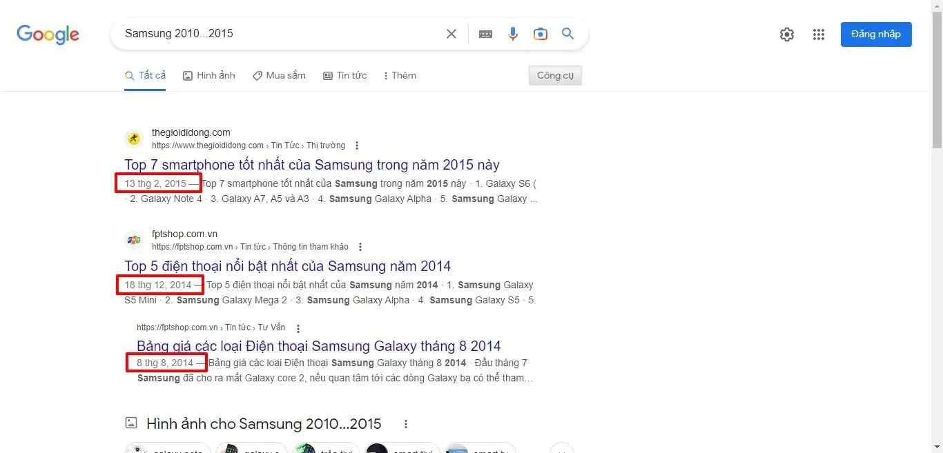 Tìm kiếm thông tin trong khoảng thời gian “Samsung 2010…2015”