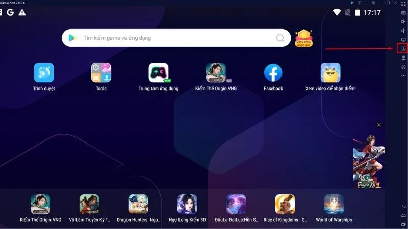Màn hình NoxPlayer sau khi bấm chọn biểu tượng cài đặt tệp APK
