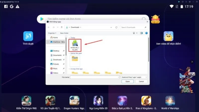 Chọn đường dẫn đến file Minecraft PE APK đã tải về máy tính để cài đặt