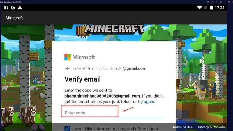 Màn hình yêu cầu điền mã xác thực đã được gửi về email để hoàn tất đăng ký