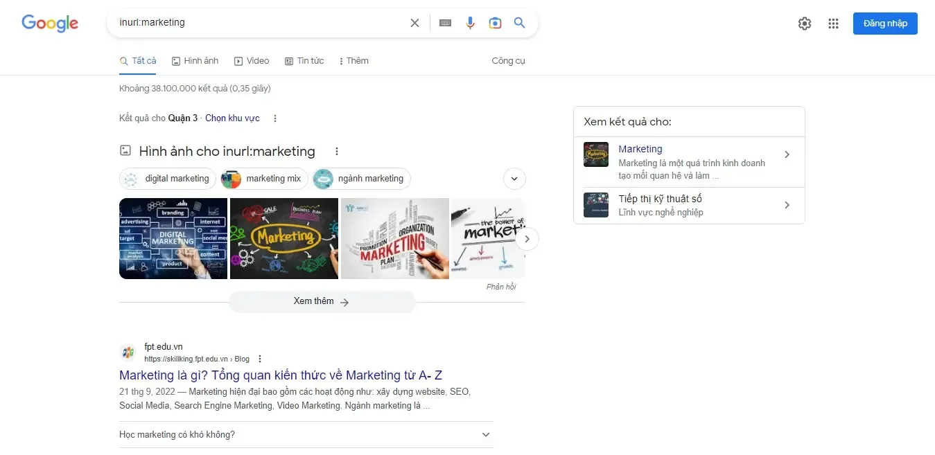 Tìm kiếm theo tiêu đề hoặc URL (intitle:marketing hoặc inurl:marketing)
