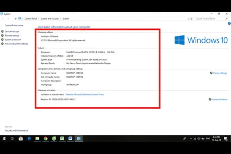 Giao diện System Properties hiển thị tên thiết bị và các thông số cấu hình chính.